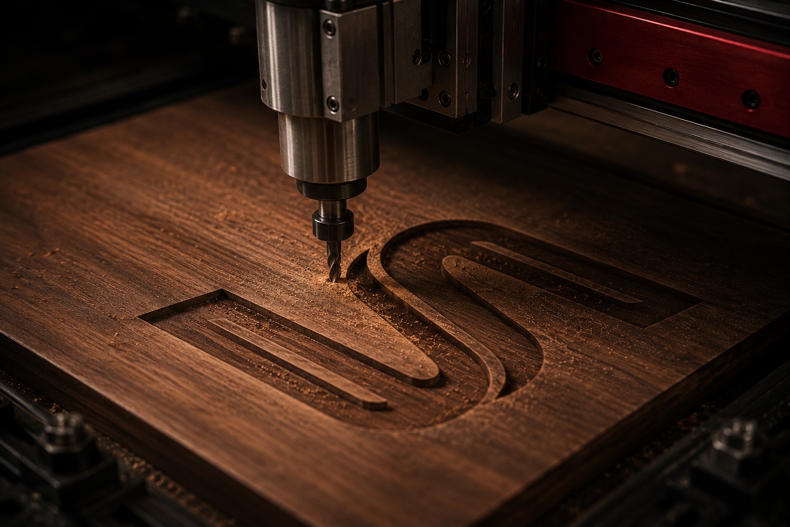Grabado CNC de logos y texturas sobre madera y acrílico con acabado de alta definición