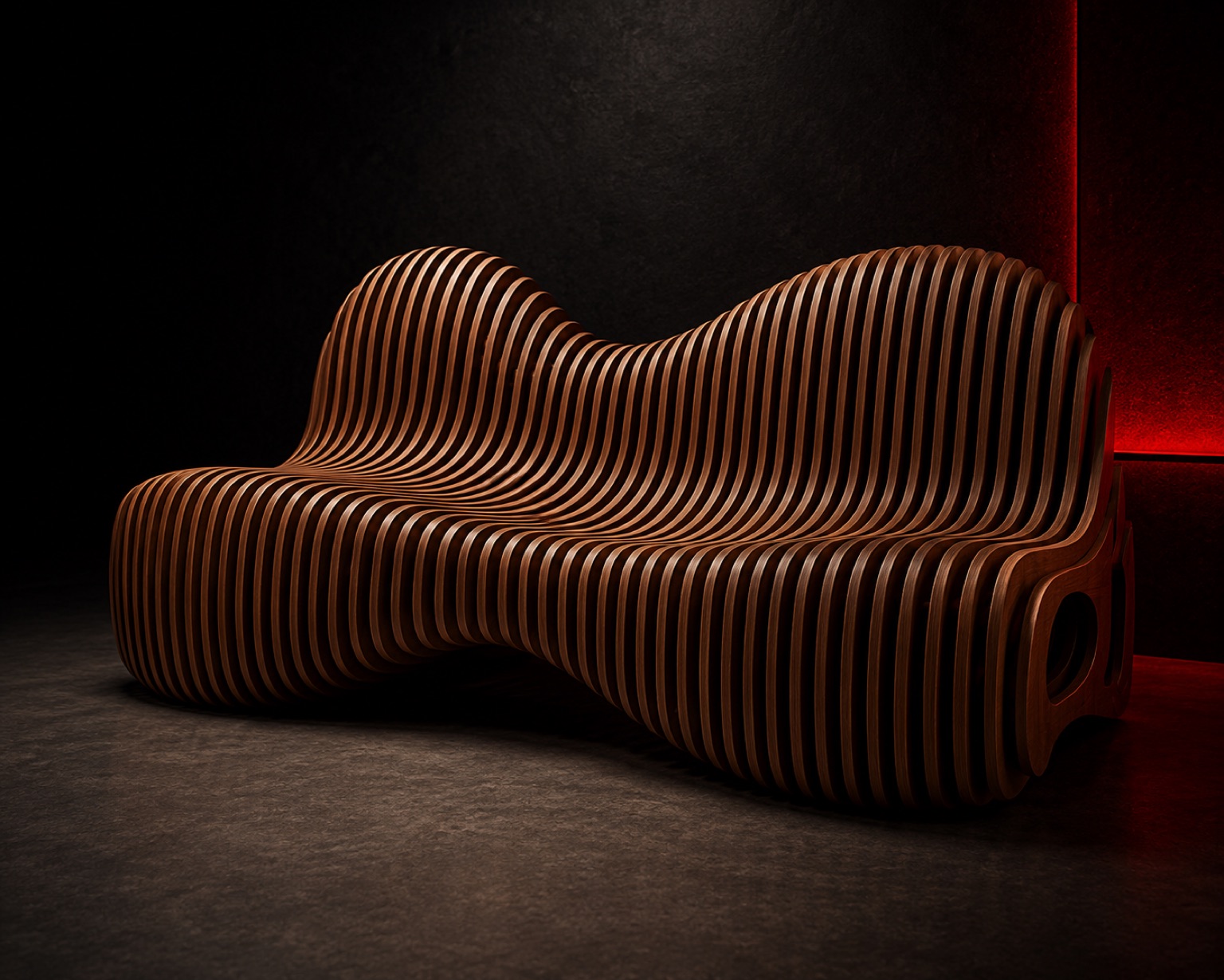 Muebles paramétricos de diseño ondulado cortados en CNC a partir de modelado digital